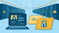 digital illustration depicting cybersecurity concepts with hacker, computer, and secure data storage. image conveys sense of