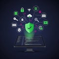 Cybersecurity Shield Protecting Data on Computer Screen Illustration Royalty Free Stock Photo