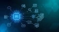 Artificial Intelligence Chip with Connected Data, Cloud, and Cybersecurity Icons on Digital Background Royalty Free Stock Photo