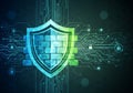 A digital illustration depicting a shield at the center, symbolizing cybersecurity. The shield is Royalty Free Stock Photo