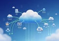A digital illustration depicts cloud computing services. Central is a large cloud icon, Royalty Free Stock Photo