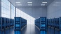 Modern Server Room Data Center with Rows of Server Racks glowing blue lights Royalty Free Stock Photo