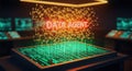 Glowing Data Agent Text Above Green Code Display with Networked Golden Structure in Dark Room Royalty Free Stock Photo