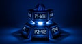 Futuristic robotic pyramid structure with glowing blue digital displays reading P1-WIN and P2-42 on rectangular panels in a sci-fi Royalty Free Stock Photo