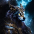 The digital illustration depicts a humanoid wolf in a formidable warrior outfit, gripping Zeus\'s thunderbolt