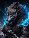 The digital illustration depicts a humanoid wolf in a formidable warrior outfit, gripping Zeus\'s thunderbolt.