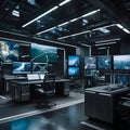 A surveillance room with multiple screens.