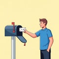 A digital illustration depicts a man inserting a letter into a mailbox. The mailbox is Royalty Free Stock Photo