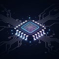 A digital illustration depicts a microchip centered on a complex circuit board. The chip Royalty Free Stock Photo