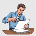 A digital illustration depicts a middle-aged man in a blue shirt using a stapler on a stack of Royalty Free Stock Photo