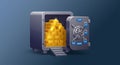 A digital illustration depicts an open metallic safe with a complex lock system labeled Royalty Free Stock Photo