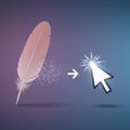 A digital illustration depicts a pink feather on the left, with small, glowing particles Royalty Free Stock Photo