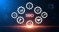 Search Engine Optimization concept diagram with interconnected gears and technology icons. Royalty Free Stock Photo