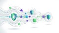 A digital illustration of a secure network with shields and locks protecting data flow Royalty Free Stock Photo