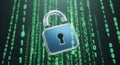 Padlock superimposed over cascading streams of binary code in green Royalty Free Stock Photo