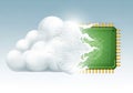A digital illustration depicts a white, fluffy cloud merging into a green microchip with Royalty Free Stock Photo