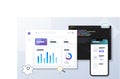 This digital illustration displays a web analytics dashboard with bar and pie charts alongside a code editor and a Royalty Free Stock Photo