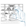 The doctor conducts research and tests in the laboratory. Digital illustration.