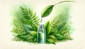 Digital illustration of a droplet dripping from green leaf into bottle. Essence extraction. Green backdrop. Concept of