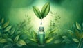 Digital illustration of a droplet dripping from green leaves into bottle. Essence extraction. Green backdrop. Concept of