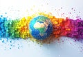 Digital illustration of Earth surrounded by vibrant pixel art representing global connectivity and technology Royalty Free Stock Photo