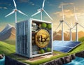 Digital illustration of eco-friendly bitcoin mining with wind turbines and solar panels Royalty Free Stock Photo