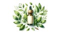 Digital illustration of Essential oil. Botanical extract in a transparent dropper bottle with green leaves around Royalty Free Stock Photo