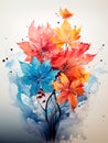 Autumn Leaves Watercolor Art. Foliage on White Grey Background. Beautiful Aquarelle Nature Bundle Painting. Generative AI.