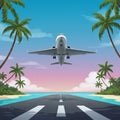 A digital illustration features an airplane taking off from a tropical runway. Palm trees Royalty Free Stock Photo