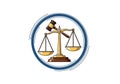 A digital illustration features a balanced scale and a gavel inside a circular design. The scale, Royalty Free Stock Photo