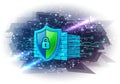 A digital illustration features a blue and green shield with a padlock Royalty Free Stock Photo
