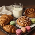A digital illustration features a breakfast tray with a glass of milk, a cinnamon roll with Royalty Free Stock Photo