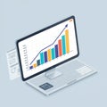 A digital illustration features a computer screen displaying a rising bar graph with Royalty Free Stock Photo