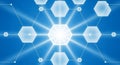 Futuristic blue hexagonal grid with glowing central light and radiant star-like effect Royalty Free Stock Photo