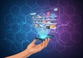 A digital illustration features a hand holding a smartphone with a holographic display projecting a Royalty Free Stock Photo
