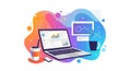 A digital illustration features a laptop displaying various analytics and charts, Royalty Free Stock Photo