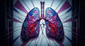 Abstract human lungs with geometric mosaic pattern in vibrant blue pink red purple colors with radiating light energy background Royalty Free Stock Photo