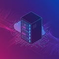 A digital illustration features a stylized server tower with glowing blue and pink accent Royalty Free Stock Photo