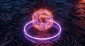 A 3D geometric cube with interconnected lines and dots in pink orange and purple on a circuit board background Royalty Free Stock Photo
