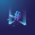 A digital illustration features a three-dimensional hashtag symbol in the center, Royalty Free Stock Photo