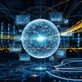 A digital illustration featuring a central glowing sphere composed Royalty Free Stock Photo