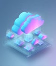 A digital illustration featuring 3D cloud shapes floating above a virtual platform with glowing connections, symbolizing cloud