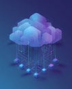 A digital illustration featuring 3D cloud shapes floating above a virtual platform with glowing connections, symbolizing cloud