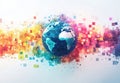 Digital illustration of Earth surrounded by vibrant pixel art representing global connectivity and technology Royalty Free Stock Photo