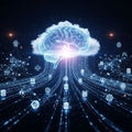 Featuring a glowing, blue brain embedded with the letters AI hovering Royalty Free Stock Photo