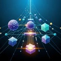 Digital illustration featuring interconnected geometric shapes, spheres, Royalty Free Stock Photo
