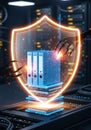 Digital illustration featuring a stack of blue servers surrounded by a glowing shield, Royalty Free Stock Photo