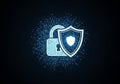 A digital illustration featuring a stylized padlock and a shield, glowing in blue hues, set against Royalty Free Stock Photo
