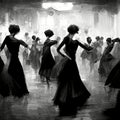 Digital illustration of females in black dresses dancing at a ball, grayscale art