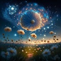 Digital illustration of a field of daisies against the background of the starry sky Generative AI